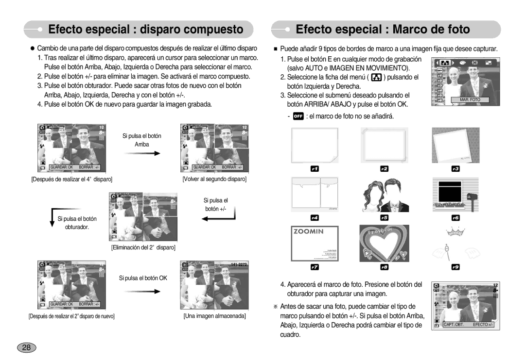 Samsung EC-S830ZSKA/BR, EC-S830ZSBA/E1, EC-S830ZBBA/E1 manual Efecto especial Marco de foto 