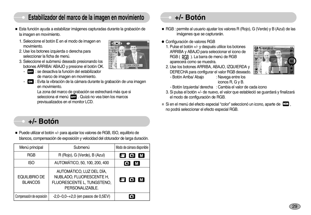 Samsung EC-S830ZSBA/E1, EC-S830ZBBA/E1, EC-S830ZSKA/BR manual +/- Botón, Estabilizador del marco de la imagen en movimiento 