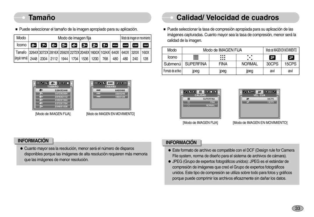 Samsung EC-S830ZBBA/E1, EC-S830ZSBA/E1 manual Tamaño, Calidad/ Velocidad de cuadros, Superfina Fina Normal 30CPS 15CPS 