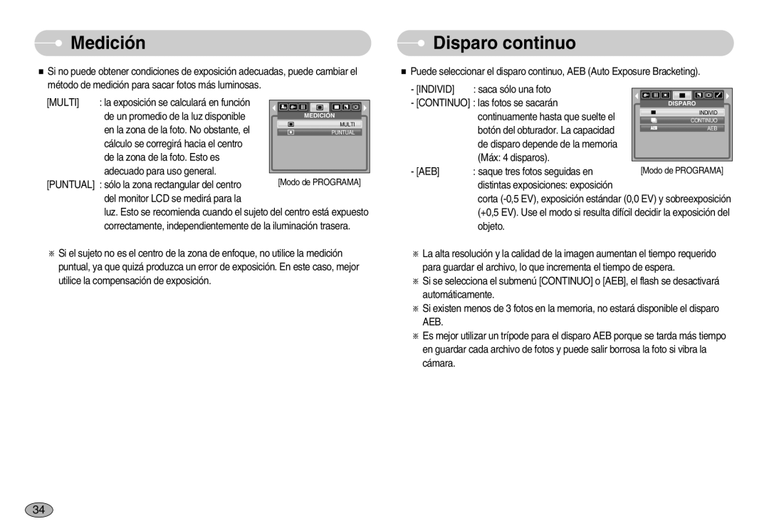 Samsung EC-S830ZSKA/BR, EC-S830ZSBA/E1, EC-S830ZBBA/E1 manual Medición, Disparo continuo 