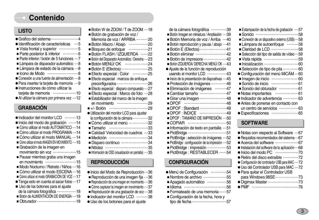 Samsung EC-S830ZBBA/E1, EC-S830ZSBA/E1, EC-S830ZSKA/BR manual Contenido, Dpof Índice, Copiar, Pmf 