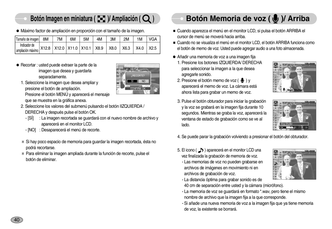 Samsung EC-S830ZSKA/BR, EC-S830ZSBA/E1, EC-S830ZBBA/E1 manual Botón Memoria de voz / Arriba, Vga 