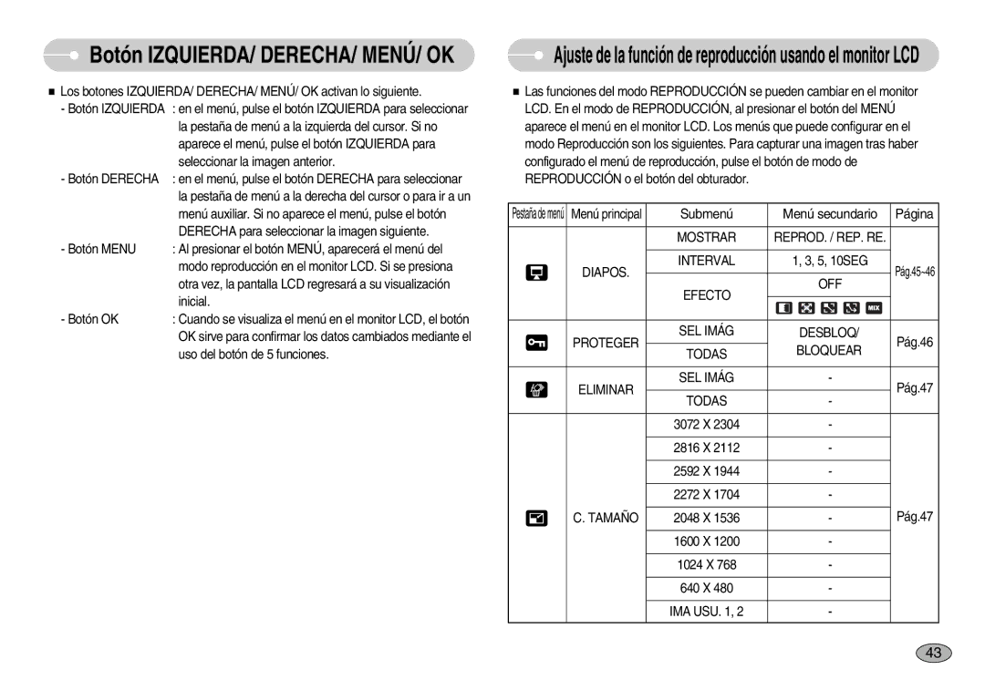 Samsung EC-S830ZSKA/BR Mostrar REPROD. / REP. RE Diapos Interval, Efecto OFF Proteger SEL Imág Desbloq, Bloquear, Todas 