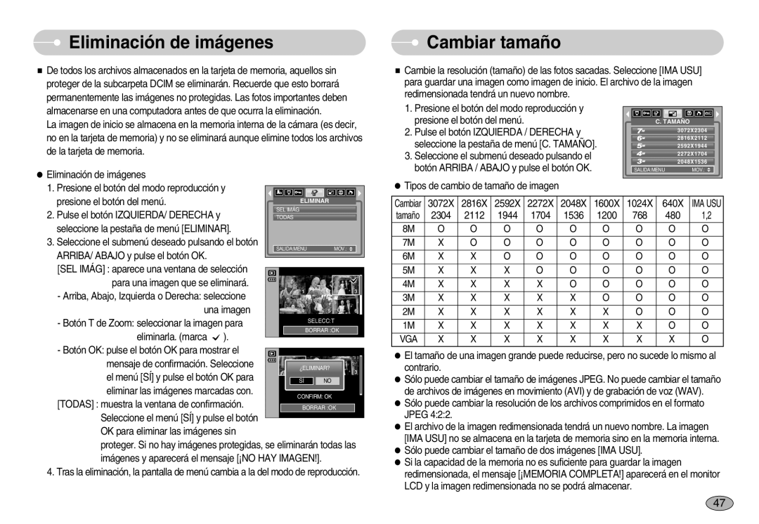 Samsung EC-S830ZSBA/E1, EC-S830ZBBA/E1, EC-S830ZSKA/BR manual Eliminación de imágenes, Cambiar tamaño 