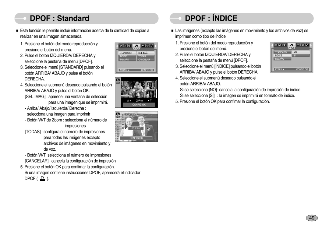 Samsung EC-S830ZSKA/BR, EC-S830ZSBA/E1, EC-S830ZBBA/E1 manual Dpof Standard, Dpof Índice 