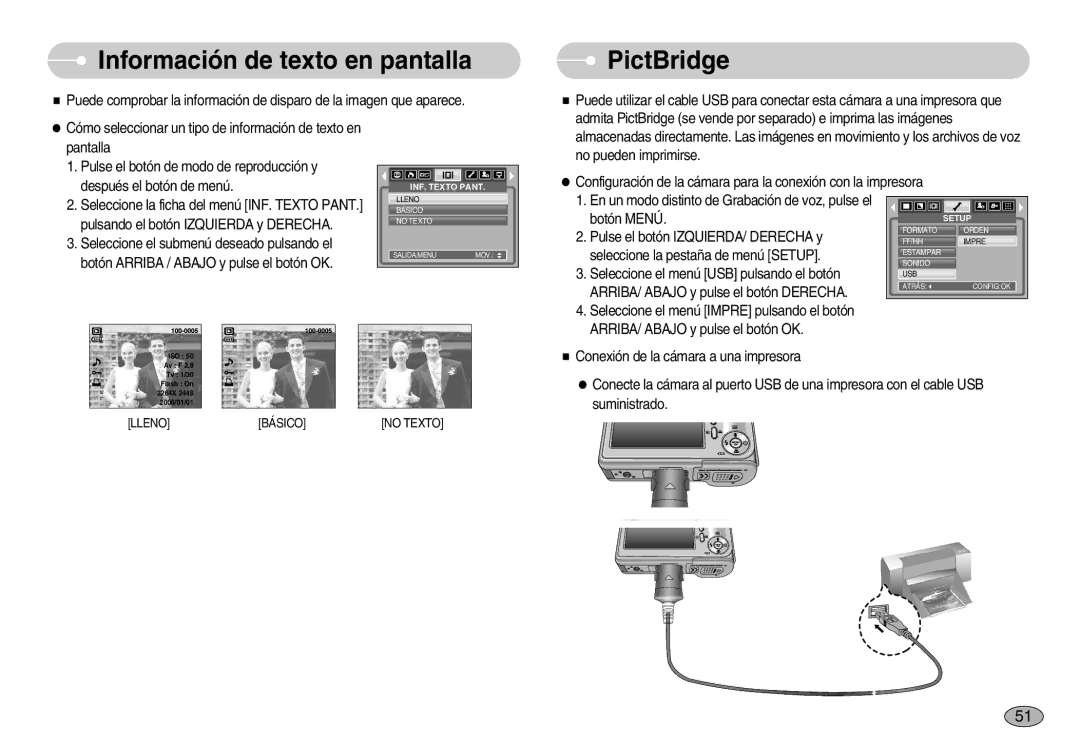 Samsung EC-S830ZBBA/E1, EC-S830ZSBA/E1, EC-S830ZSKA/BR manual Información de texto en pantalla, PictBridge 