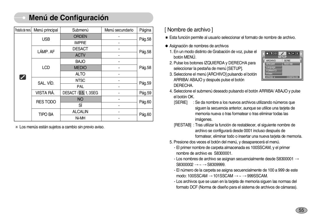 Samsung EC-S830ZSKA/BR manual USB Orden, Impre LÁMP. AF Desact, Actv Bajo LCD Medio, Alto SAL. VÍD, PAL Vista RÁ, RES Todo 