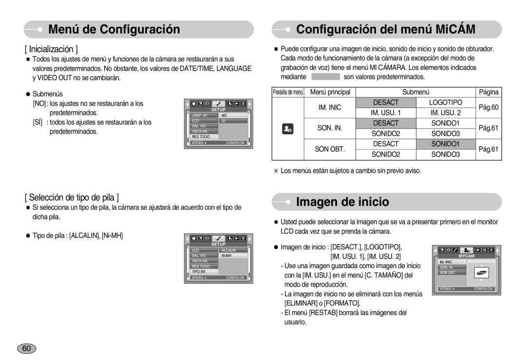 Samsung EC-S830ZBBA/E1, EC-S830ZSBA/E1, EC-S830ZSKA/BR manual Configuración del menú MiCÁM, Imagen de inicio 