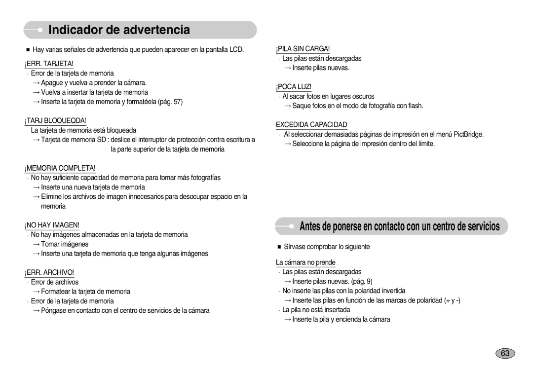 Samsung EC-S830ZBBA/E1, EC-S830ZSBA/E1, EC-S830ZSKA/BR manual Indicador de advertencia 