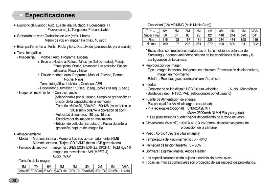 Samsung EC-S830ZBBA/E1, EC-S830ZSBA/E1, EC-S830ZSKA/BR manual Audio WAV Tamaño de la imagen 