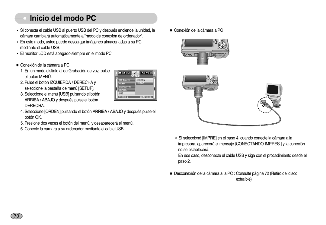 Samsung EC-S830ZSKA/BR, EC-S830ZSBA/E1, EC-S830ZBBA/E1 manual Inicio del modo PC, Derecha 