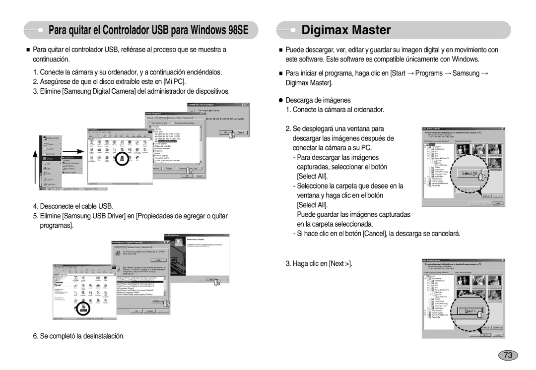 Samsung EC-S830ZSKA/BR, EC-S830ZSBA/E1, EC-S830ZBBA/E1 Digimax Master, Para quitar el Controlador USB para Windows 98SE 