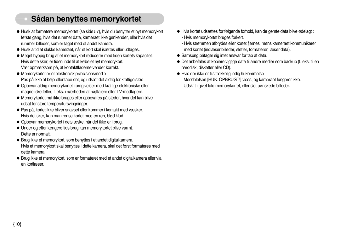 Samsung EC-S830ZBBC/E2, EC-S830ZSBB/E2, EC-S830ZBBA/FI, EC-S830ZSDB/DE, EC-S830ZSBA/FI manual Sådan benyttes memorykortet 