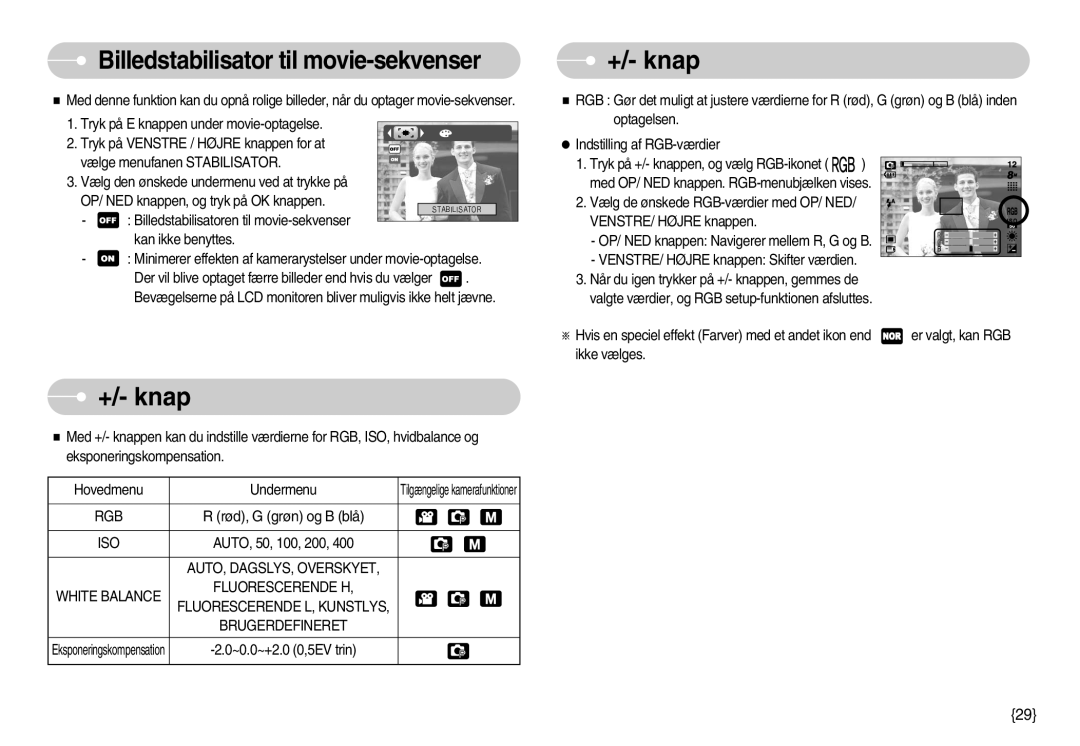 Samsung EC-S830ZSBB/E2, EC-S830ZBBA/FI, EC-S830ZSDB/DE, EC-S830ZSBA/FI manual +/- knap, Billedstabilisator til movie-sekvenser 