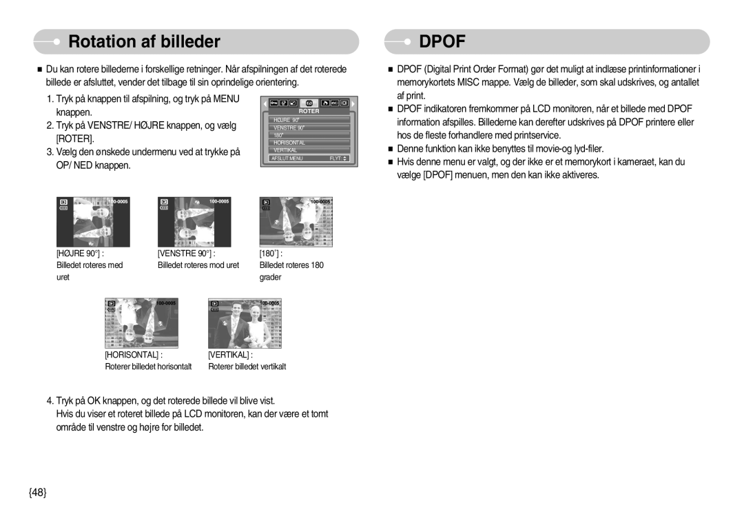 Samsung EC-S830ZBBA/FI, EC-S830ZSBB/E2, EC-S830ZSDB/DE, EC-S830ZSBA/FI, EC-S830ZSBC/E2 manual Rotation af billeder, Dpof 