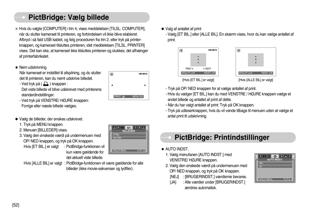 Samsung EC-S830ZBBC/E2, EC-S830ZSBB/E2, EC-S830ZBBA/FI manual PictBridge Vælg billede, PictBridge Printindstillinger 