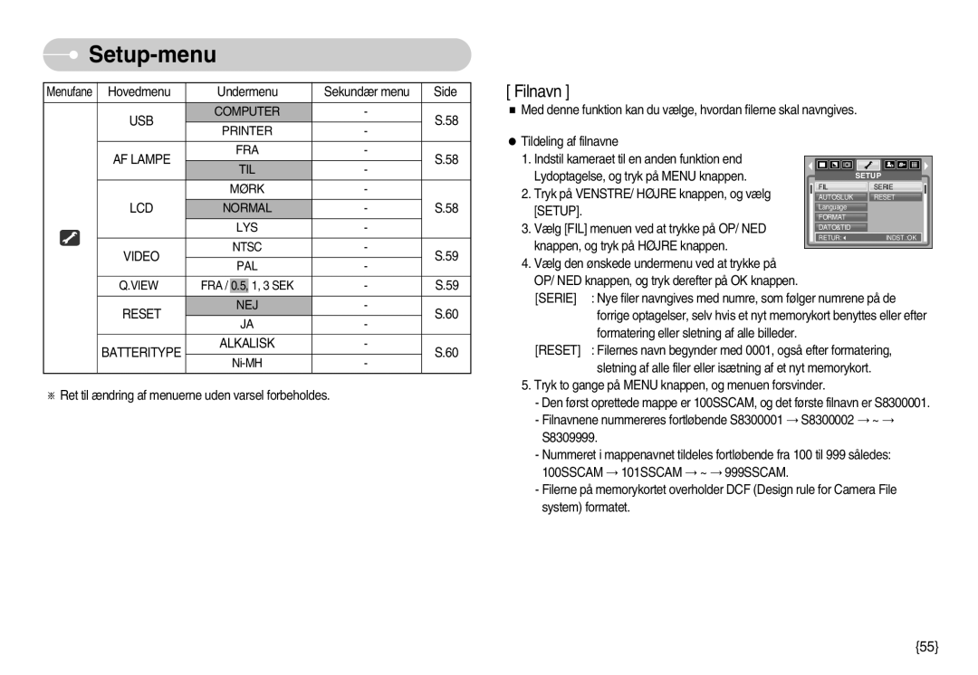 Samsung EC-S830ZSDB/DE, EC-S830ZSBB/E2, EC-S830ZBBA/FI, EC-S830ZSBA/FI manual PAL View, Reset NEJ Batteritype Alkalisk, Setup 