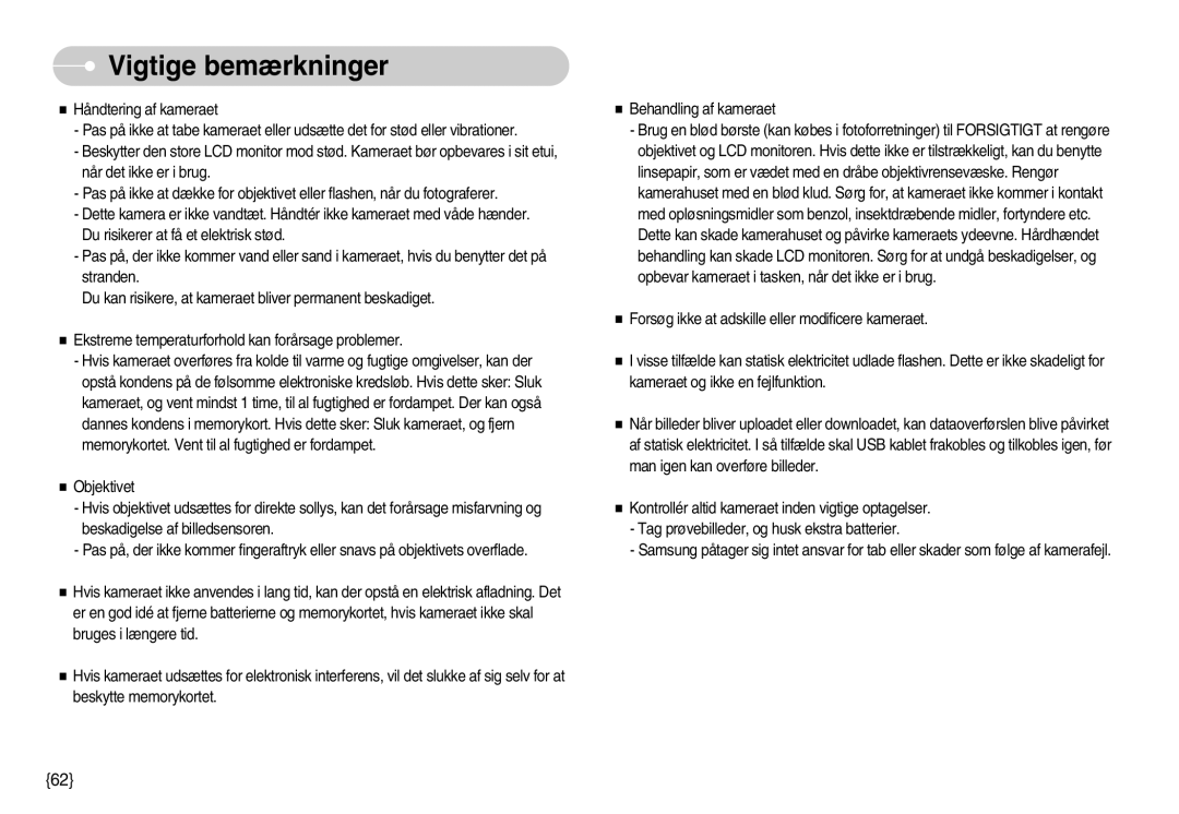 Samsung EC-S830ZSBA/FI, EC-S830ZSBB/E2, EC-S830ZBBA/FI, EC-S830ZSDB/DE, EC-S830ZSBC/E2, EC-S830ZBBC/E2 Vigtige bemærkninger 