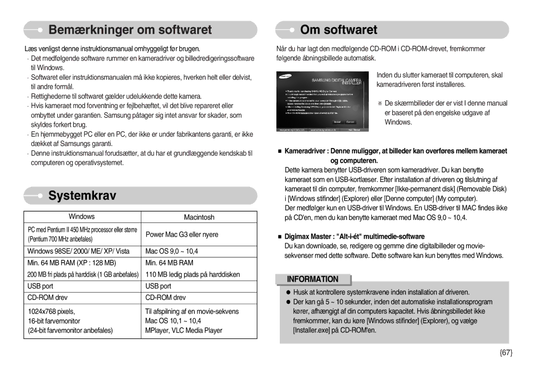 Samsung EC-S830ZSDB/DE, EC-S830ZSBB/E2, EC-S830ZBBA/FI, EC-S830ZSBA/FI Bemærkninger om softwaret, Systemkrav, Om softwaret 