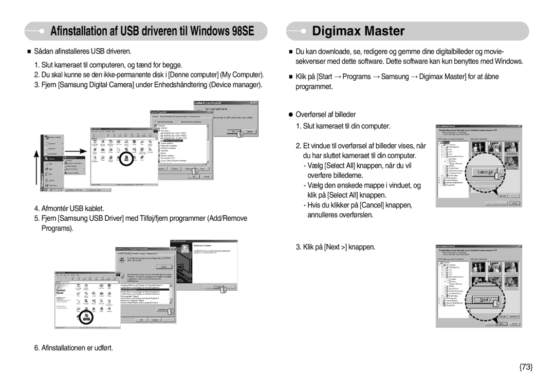 Samsung EC-S830ZSDB/DE, EC-S830ZSBB/E2, EC-S830ZBBA/FI manual Digimax Master, Afinstallation af USB driveren til Windows 98SE 