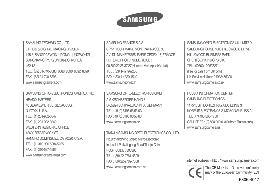 Samsung EC-S830ZSBC/E2, EC-S830ZSBB/E2, EC-S830ZBBA/FI, EC-S830ZSDB/DE, EC-S830ZSBA/FI, EC-S830ZBBC/E2 manual 6806-4017 