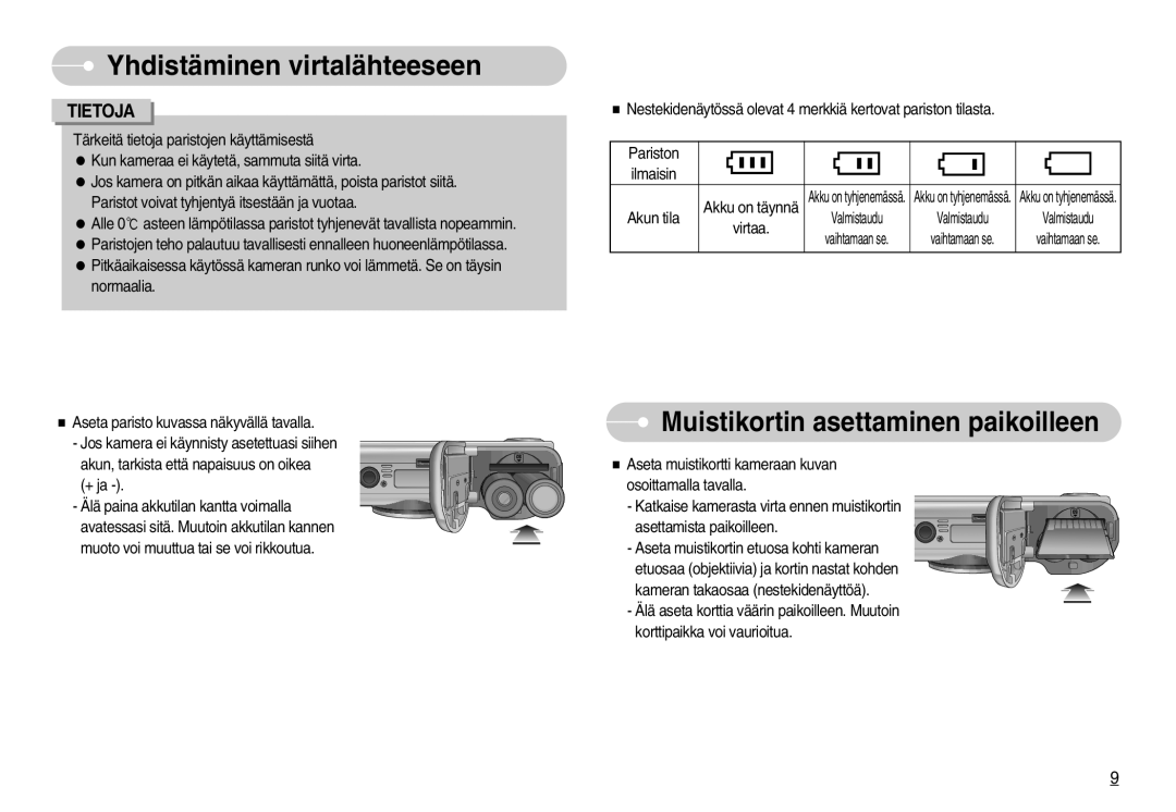 Samsung EC-S830ZSBC/E2, EC-S830ZSBB/E2, EC-S830ZBBA/FI, EC-S830ZSDB/DE manual Muistikortin asettaminen paikoilleen, Tietoja 