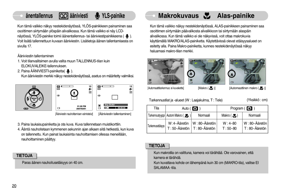 Samsung EC-S830ZSBA/FI, EC-S830ZSBB/E2 manual Makrokuvaus / Alas-painike, Äänentallennus / ääniviesti / YLÖS-painike 