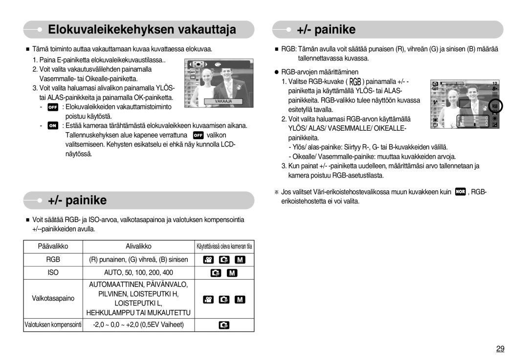 Samsung EC-S830ZSBB/E2, EC-S830ZBBA/FI manual Elokuvaleikekehyksen vakauttaja, +/- painike, AUTOMAATTINEN, Päivänvalo 