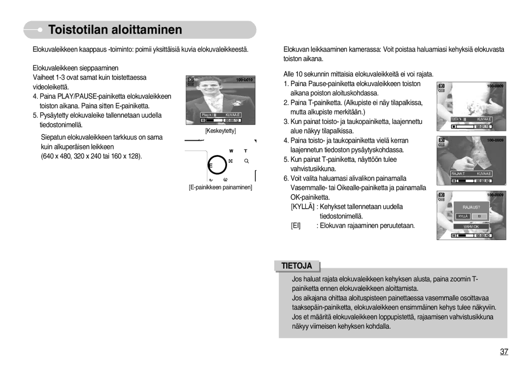 Samsung EC-S830ZSDB/DE, EC-S830ZSBB/E2, EC-S830ZBBA/FI, EC-S830ZSBA/FI manual Paina toisto- ja taukopainiketta vielä kerran 