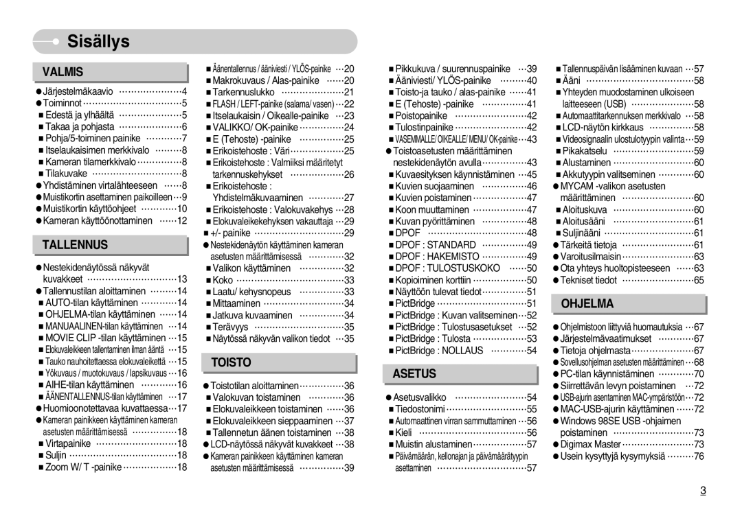 Samsung EC-S830ZSBC/E2, EC-S830ZSBB/E2, EC-S830ZBBA/FI manual Sisällys, Dpof Standard, Dpof Hakemisto, Dpof Tulostuskoko 