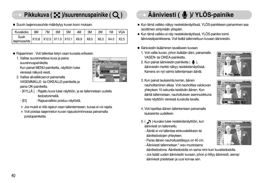 Samsung EC-S830ZBBC/E2, EC-S830ZSBB/E2, EC-S830ZBBA/FI, EC-S830ZSDB/DE, EC-S830ZSBA/FI manual Ääniviesti / YLÖS-painike, Vga 