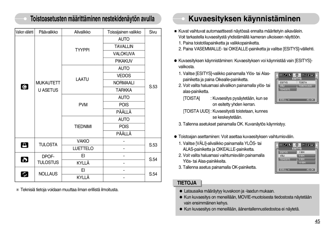 Samsung EC-S830ZSBC/E2, EC-S830ZSBB/E2, EC-S830ZBBA/FI, EC-S830ZSDB/DE, EC-S830ZSBA/FI manual Kuvaesityksen käynnistäminen 