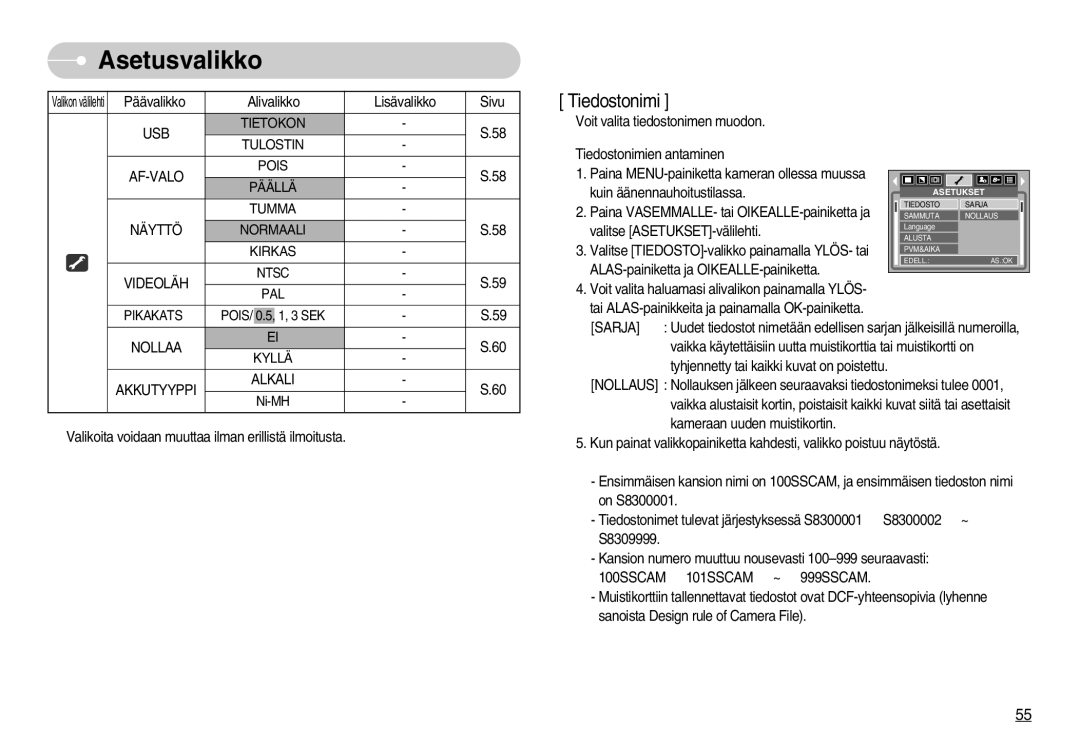 Samsung EC-S830ZSDB/DE manual USB Tietokon Tulostin AF-VALO Pois Päällä, Näyttö Normaali Kirkas Videoläh, PAL Pikakats 