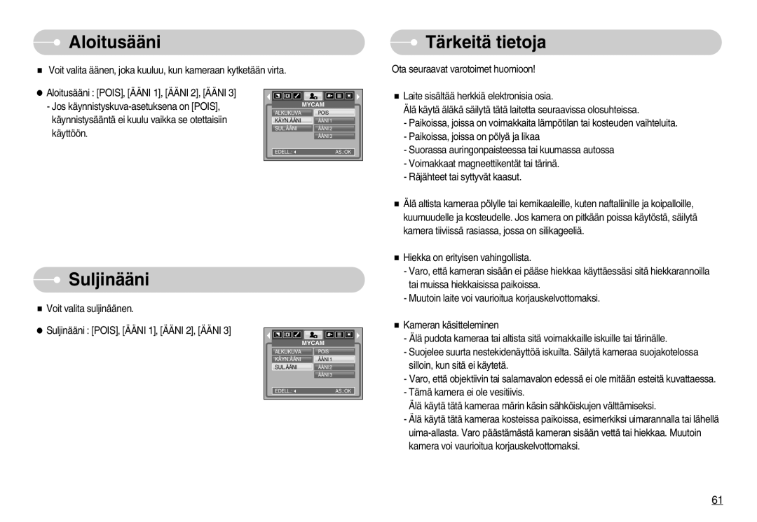 Samsung EC-S830ZSDB/DE, EC-S830ZSBB/E2, EC-S830ZBBA/FI, EC-S830ZSBA/FI manual Aloitusääni, Tärkeitä tietoja, Suljinääni 