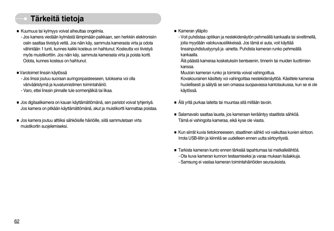 Samsung EC-S830ZSBA/FI, EC-S830ZSBB/E2, EC-S830ZBBA/FI, EC-S830ZSDB/DE, EC-S830ZSBC/E2, EC-S830ZBBC/E2 manual Tärkeitä tietoja 