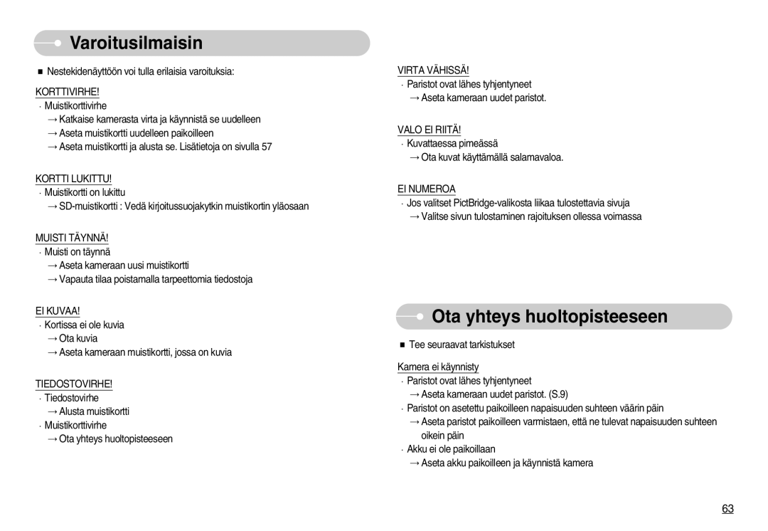 Samsung EC-S830ZSBC/E2, EC-S830ZSBB/E2, EC-S830ZBBA/FI, EC-S830ZSDB/DE manual Varoitusilmaisin, Ota yhteys huoltopisteeseen 