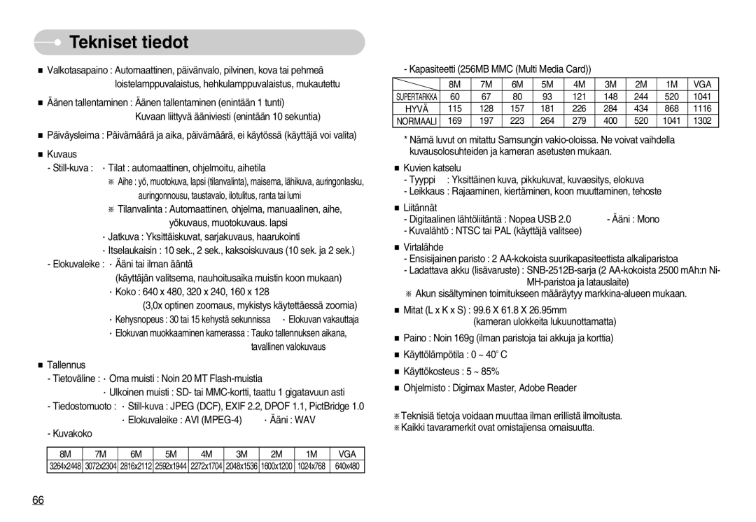 Samsung EC-S830ZBBA/FI, EC-S830ZSBB/E2, EC-S830ZSDB/DE, EC-S830ZSBA/FI manual Kapasiteetti 256MB MMC Multi Media Card 