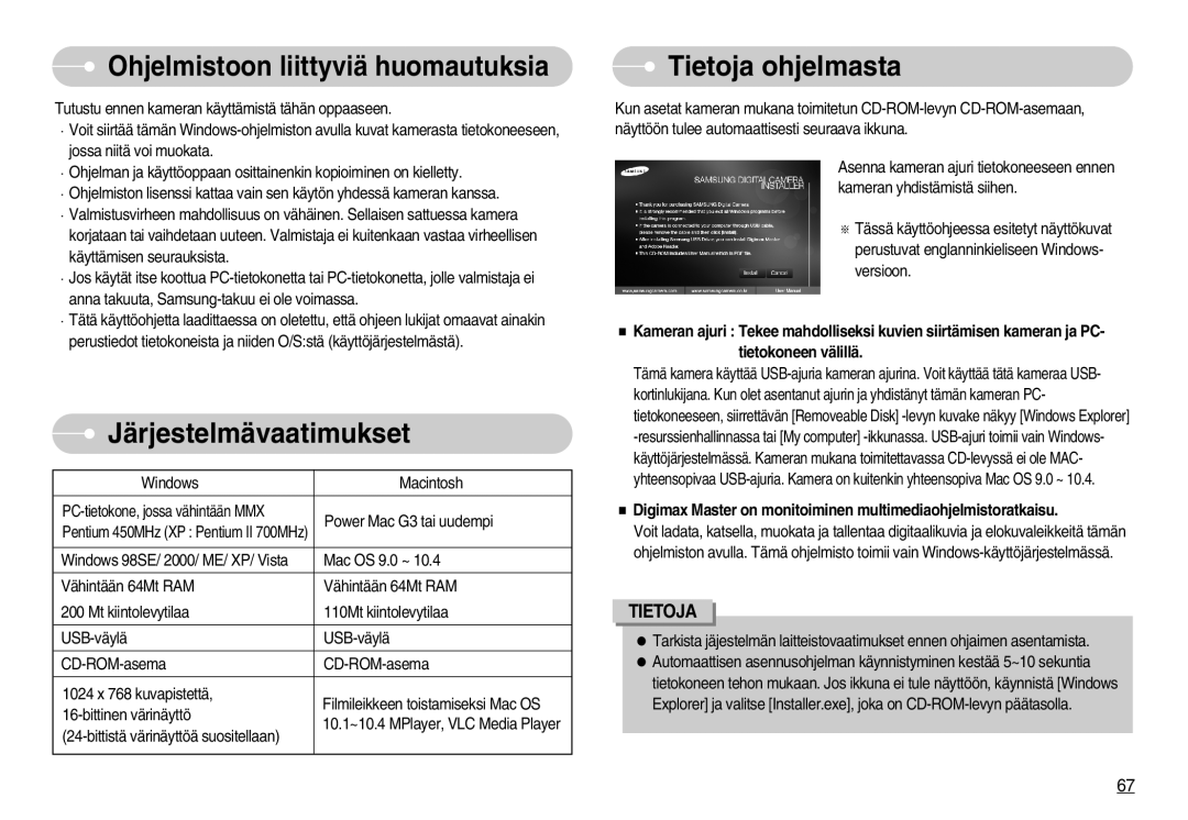 Samsung EC-S830ZSDB/DE, EC-S830ZSBB/E2 Ohjelmistoon liittyviä huomautuksia, Järjestelmävaatimukset, Tietoja ohjelmasta 