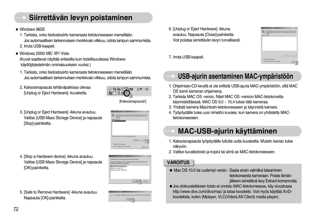 Samsung EC-S830ZBBA/FI, EC-S830ZSBB/E2, EC-S830ZSDB/DE manual Siirrettävän levyn poistaminen, MAC-USB-ajurin käyttäminen 