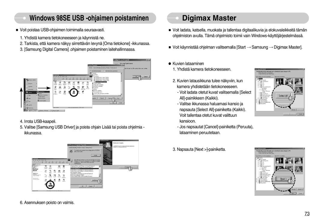 Samsung EC-S830ZSDB/DE, EC-S830ZSBB/E2, EC-S830ZBBA/FI manual Digimax Master, Windows 98SE USB -ohjaimen poistaminen 