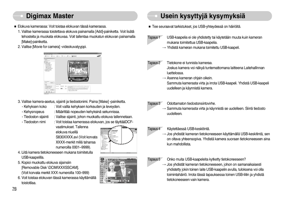 Samsung EC-S830ZBBC/E2, EC-S830ZSBB/E2, EC-S830ZBBA/FI, EC-S830ZSDB/DE, EC-S830ZSBA/FI manual Usein kysyttyjä kysymyksiä 