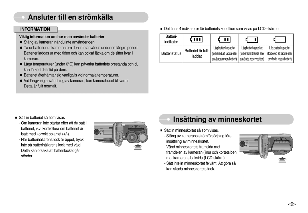 Samsung EC-S830ZSBC/E2, EC-S830ZSBB/E2, EC-S830ZBBA/FI, EC-S830ZSDB/DE manual Insättning av minneskortet, Information 