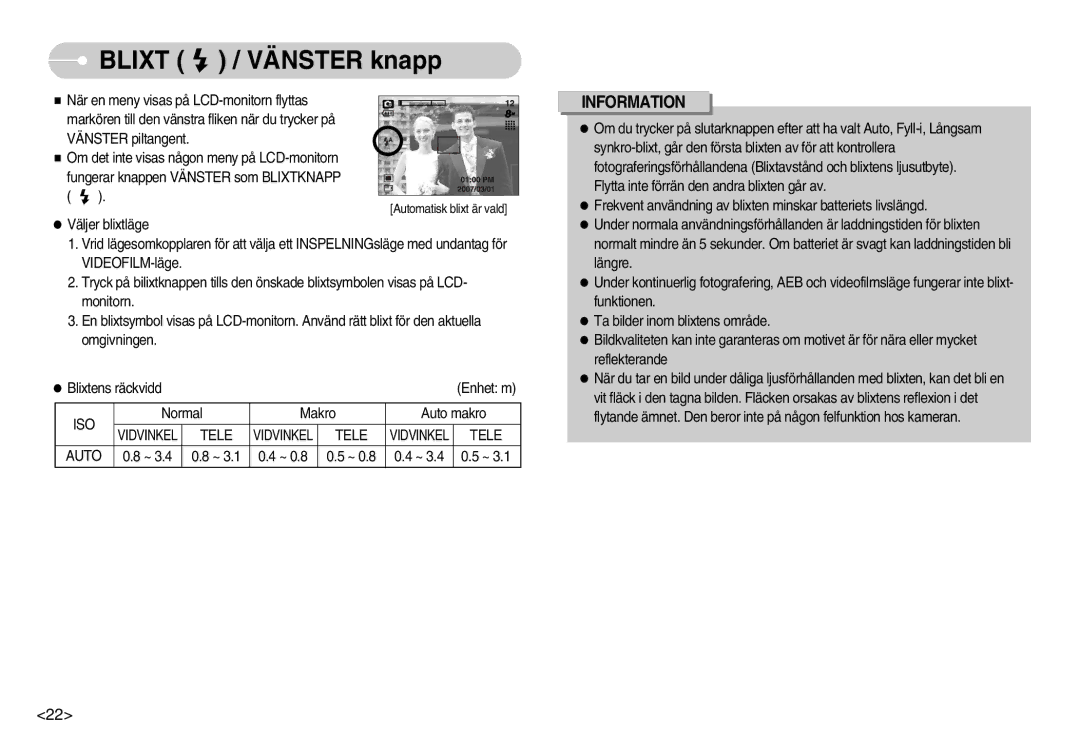 Samsung EC-S830ZBBC/E2, EC-S830ZSBB/E2, EC-S830ZBBA/FI, EC-S830ZSDB/DE, EC-S830ZSBA/FI manual Blixt / Vänster knapp, Iso, Tele 