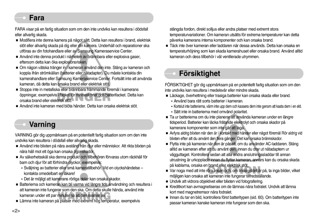 Samsung EC-S830ZSBA/FI, EC-S830ZSBB/E2, EC-S830ZBBA/FI, EC-S830ZSDB/DE, EC-S830ZSBC/E2 manual Fara, Varning, Försiktighet 