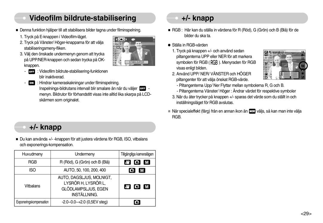 Samsung EC-S830ZSBB/E2, EC-S830ZBBA/FI, EC-S830ZSDB/DE Videofilm bildrute-stabilisering, +/- knapp, AUTO, DAGSLJUS, Molnigt 