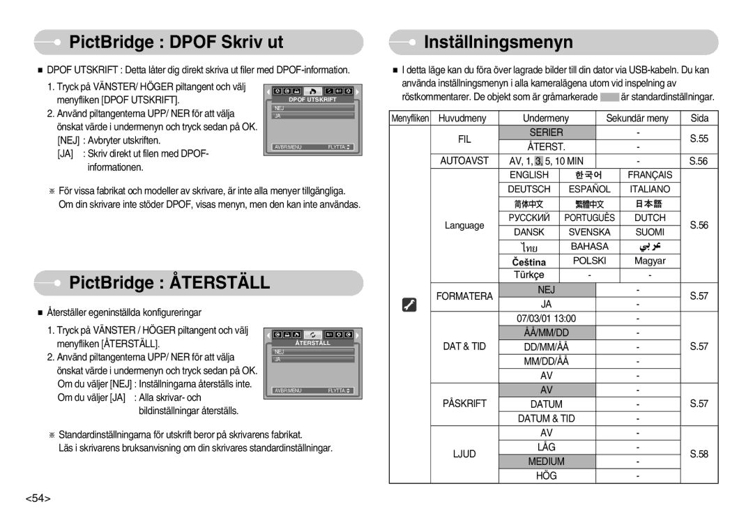 Samsung EC-S830ZBBA/FI, EC-S830ZSBB/E2, EC-S830ZSDB/DE PictBridge Dpof Skriv ut, Inställningsmenyn, PictBridge Återställ 