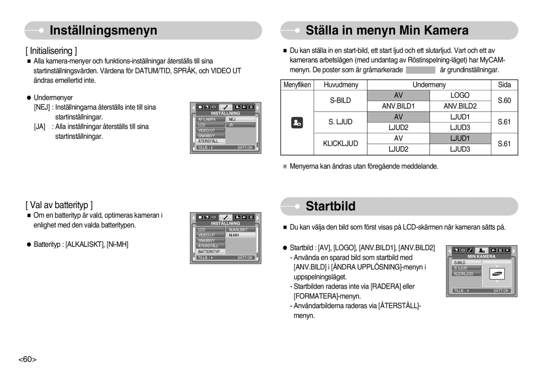 Samsung EC-S830ZBBA/FI, EC-S830ZSBB/E2, EC-S830ZSDB/DE, EC-S830ZSBA/FI manual Ställa in menyn Min Kamera, Startbild, Logo 