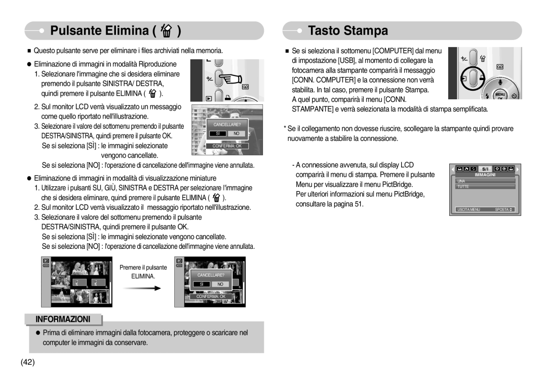 Samsung EC-S830ZBBA/IT, EC-S830ZSBB/E2, EC-S830ZSBA/E1, EC-S830ZSDB/DE, STW-S830S manual Pulsante Elimina, Tasto Stampa 