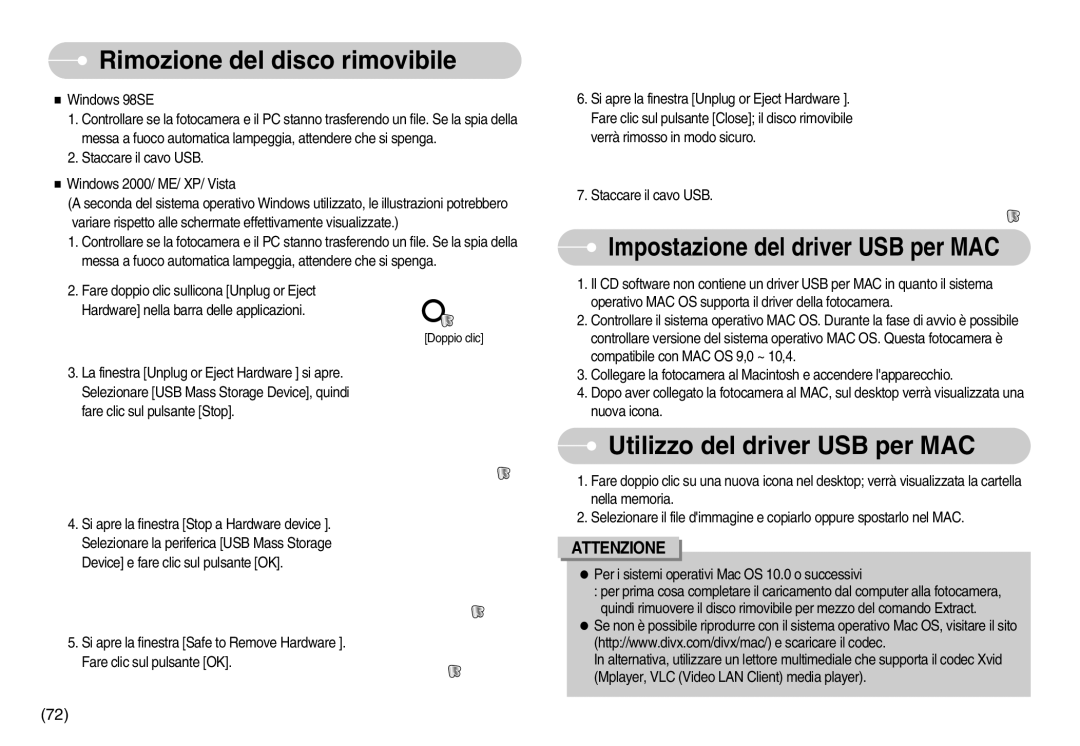 Samsung EC-S830ZSBA/E1, EC-S830ZSBB/E2, EC-S830ZSDB/DE manual Rimozione del disco rimovibile, Utilizzo del driver USB per MAC 