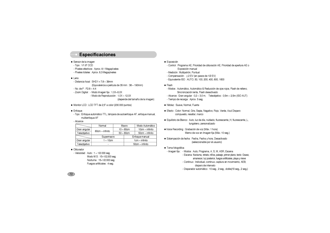 Samsung EC-S850ZBBM/E1, EC-S850ZSBM/E1, EC-S850ZBBA/E1 manual Especificaciones 